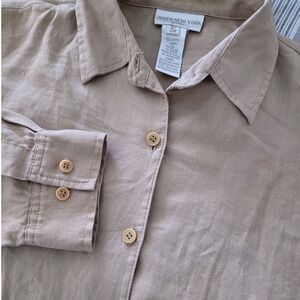 VTG‎ Jones New York Tan 100% Linen Long Roll Tab Sleeves Button Down Shirt  Sz S